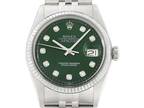 Rolex Mens Datejust 18K White Gold & Steel Green Diamond Dial Jubilee Watch