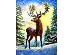 ACEO Original Painting Magical Reindeer in the Snow By L garcia.