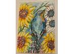 Aceo Original Painting Sweet Bird Sunflowers