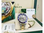 ROLEX Vintage 18kt Gold & SS Submariner Silver Serti w/ PAPERS 16613 SANT BLANC