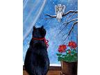 ACEO PRINT OF PAINTING RYTA CHRISTMAS BLACK CAT angel music folk art moon flower