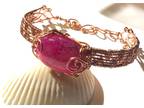Copper Wire Woven Bracelet with Pink Dragon Vein Agate Cabochon