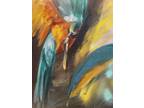 Original Oil abstract macaw parrot blue yellow feather bird flight 16x20 signed