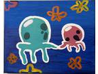 Handmade Spongebob Jellyfish Acrylic Painting On Canvas Panel 8" X 10”