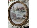 F Massa Watercolor Swan Lake Cabin Painting, Oval Antique With Gold Frame