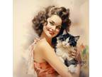 Cat Vintage Watercolor Painting 1940s Art Print 8.5x11