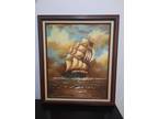 Vintage J James Original Oil on Canvas Painting Clipper Ship Seascape Wood Frame
