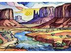 ORIGINAL Hand Painted Pen and Watercolor Art Card ACEO Monument Valley River