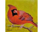 Red Cardinal, Original Bird Oil Painting, 4x4 Inch Unframed