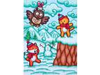 ACEO Original Fantasy Art Cat Fox Rabbit Owl Winter Snow Snowball Fight Clouds