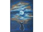Aceo Orig Black Cat Kitten Full Moon Galaxy Sky Impressionism