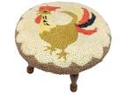 Vintage Hooked Rug Rooster Footstool, 4 Legged Country Farmhouse Decor, Shabby