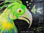 Wendy Gell Original Painting Green Parrot Little Green Fish.