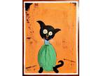 Baby Black Cat Pop Outsider Art Painting on Loose Canvas..9" X 12"..By: Jordo #2