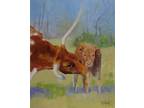 Texas Longhorn Cow and Calf, Original Animal Oil Painting 7x9 inch, Unframed