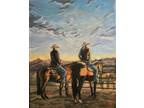 Checking On The New Steer - Oil Painting On Canvas, Western, Cowboy,Horse, Cow,