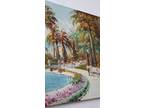 Mediterranean Scene with Palm Trees Oil on Canvas Painting Signed Savini