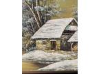 Large Richard Schiller Oil Painting Winter Scene Shepherd on Bridge W/Barn