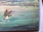 Vintage Original Oil on Canvas Landscape Ducks over Pond 24" x 18"