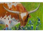 Texas Longhorn Cow, Original Animal Oil Painting, 4x6 Inch unframed