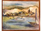 Original Vintage Painting Beach Coast Blues Boats Canvas Panel Estate Sale