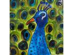 Peacock Bird Blue Teal Green Original Tile Art Painting Signed Ericajaye
