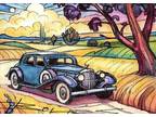 ORIGINAL Hand Painted Pen and Watercolor Art Card ACEO Art Deco Day with Car