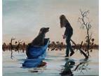 Oil Painting Dog Canoe Boat Sunset Lake Forest Landscape Animal Art by A. Joli