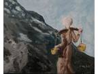 Oil Painting Medieval Renaissance Peasant Woman Mountain Landscape Art A. Joli
