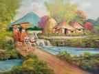 Modern Vintage Asian Filipino Impressionist Painting "Country Life" Signed
