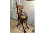 Antique Oak High Chair And Stroller Combination Chair W/ Wicker Seat