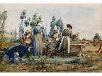 1902 Watercolor, Harvest Work, by Arthur Hardwick Marsh, listed UK artist