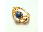 Gold Wire Wrapped Heart Ring with Blue Gemstone Bead