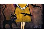 A.Z. Davis Original Painting Big Eyes Cat Bats Halloween Fantasy Folk Fine Art