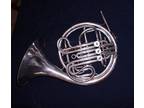 C F Schmidt french horn, built in Weimar. Silver plated. Piston thumb valve.
