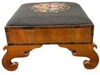 1840s needlepoint rosewood & flame mahogany foot stool bench scroll foot