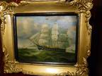 Antique signed oil painting 8 x 10 original KRUPPS colonial sail ship at sea YES
