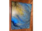 Home Decor - 9”x 12” Shades of Blue & Gold Acrylic Pour (Original Art)
