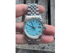 Rolex 34mm SS Date Turquoise Diamond Dial Jubilee Band Smooth Bezel