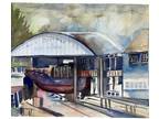 ORIGINAL Art watercolor PAINTING Boathouse JOAN PERRY (1928-2019) 16” X 20”