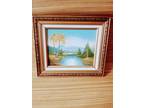 VTG vintage scenery oil painting original signed mountains lake gold frame trees