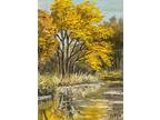 RIVER OAK Original Oil Landscape AUTUMN FALL Painting Small Art TREE RIVER 5X7