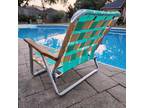 Vintage 50s Aqua White Telescope Folding Lawn Beach Chair Wooden Arms Webbed