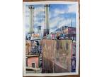 Original Abstract Watercolor Painting 9"x12" Twin Smoke Stacks New York City