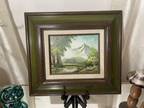 Original Oil Painting Mountain Meadow Pond Alpine Landscape Green Wood Frame