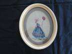 Vintage Oval Framed GIRL with BALLOON NEEDLEPOINT Wall Hanging - 9.5" x 11.5"