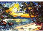 ORIGINAL Hand Painted Pen and Watercolor Art Card ACEO Hawaiian Bay Sunset