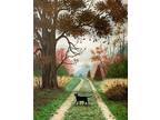 ACEO PRINT OF PAINTING RYTA BLACK CAT HALLOWEEN Folk Art landscape fall forest