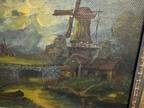 Antique Moody Oil painting of a Dutch Landscape with Windmill, JIM, Dutch Master
