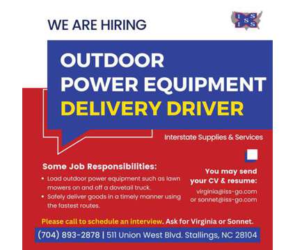 Outdoor Power Equipment Delivery Driver is a Full Time Delivery Driver in General Job at Interstate Supplies &amp; Services in Stallings NC